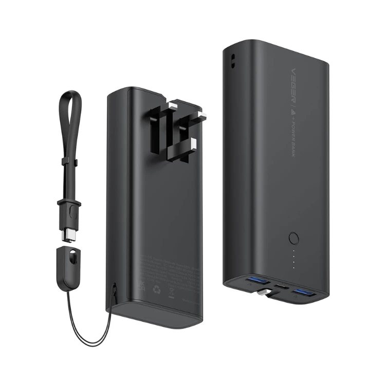 Power Bank [10,000mAh] [22.5W] Built-In Foldable [1 x USB-C Connector & 1 For Lightning Connector] Pocket Size Charger – Compact and Portable Charger - LED Display - For iPhone, Samsung, iPad, AirPods