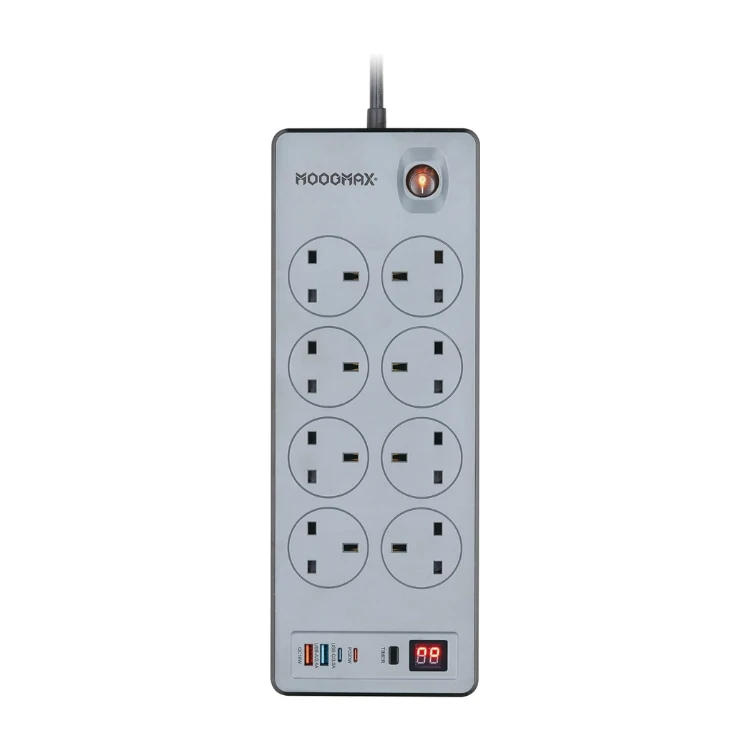 Extension Cord- 8 Power Socket- 5 Meter- 2xUSB Port-2xType C Port- 2990W-Timer to switch off-Surge Protector- Anti Fire -Certified by (SaSo,RoHS) -Power Extension-Power Strip for Home,Kitchen & Office