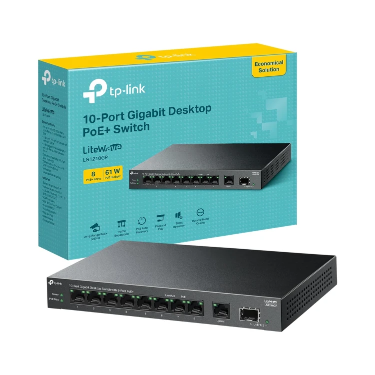 TP-Link 10-Port Gigabit Desktop Switch with 8-Port PoE+, 61 W PoE Budget, 30 W PoE output, Up to 250m PoE Transmission. Traffic Separation, Plug and Play, Fanless, Metal Case (LS1210GP)