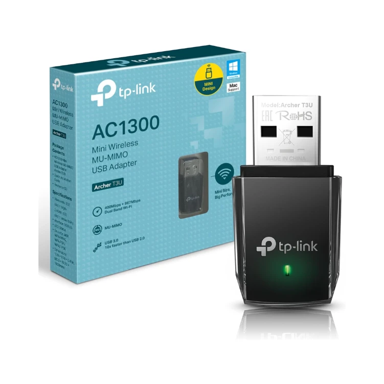 TP-Link 1300 Mbps High Gain Wireless Dual Band USB Adapter, 3dBi Dual Omni Directional Antenna, Supports Windows 11/8.1/8/7/XP, Mac OS, Linux (Archer T3U)