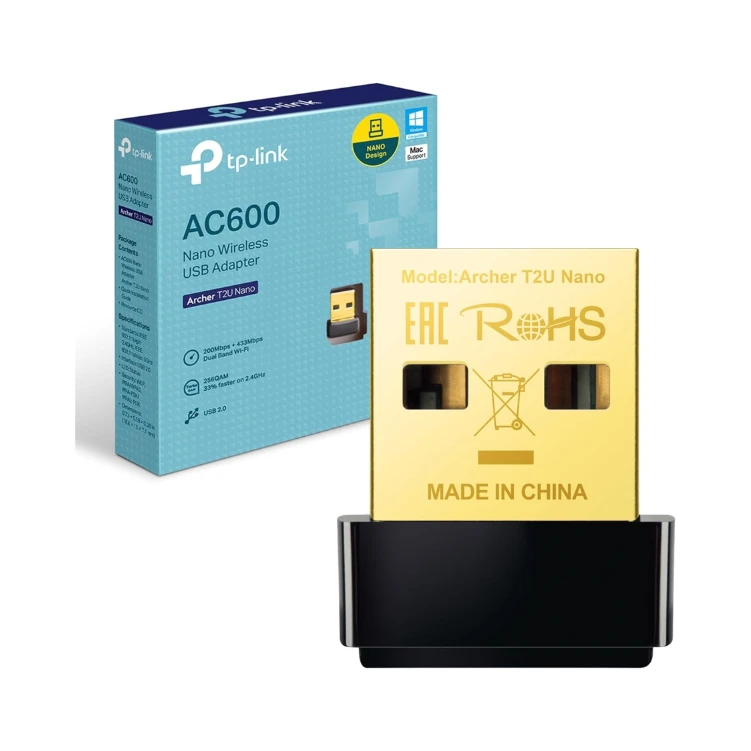 TP-Link AC600 USB Wi-Fi Dongle, Dual Band 5 GHz Wireless Adapter for PC, Desktop and Laptop, Supports Windows 11/10/8.1/8/7/XP, Mac OS 10.9-10.13 (Archer T2U Nano)