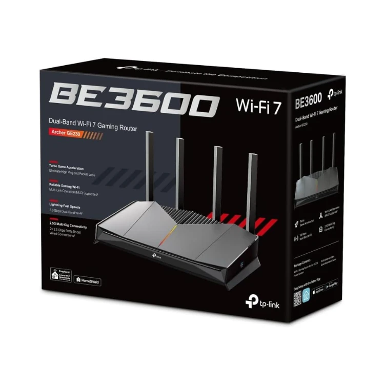 TP-Link Archer GE230 Wi-Fi 7 Gaming Router, Dual Band WiFi BE3600, 2 Ports × 2.5Gbps + 3 × Gigabit Ports, MLO, HomeShield, USB 3.0, EasyMesh, Private Network for Gamers, RGB Lighting Without