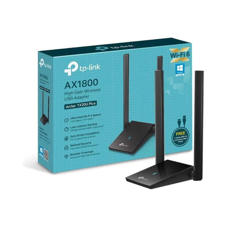 TP-Link AX1800 Wi-Fi 6 Dual Antennas High Gain Wireless USB 3.0 Adapter, Dual-Band, Auto Driver, MU-MIMO, Low- Latency, 1m Cable, Supports Windows 10/11, Highly Secure WPA3 (Archer TX20U Plus), Black