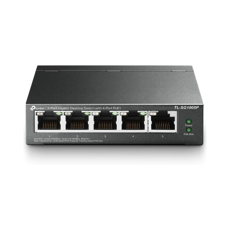 TP-Link TL-SG1005P, 5 Port Gigabit PoE Switch, 4 PoE+ Ports @65W, Desktop, Plug & Play, Sturdy Metal w/Shielded Ports, Fanless, QoS & IGMP Snooping,black