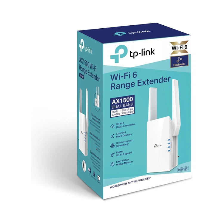 Tp-Link Ax1500 Wi-Fi 6 Range Extender, Up To 1500 Mbps Speed, Next-Gen Dual Band Wifi Booster, Wireless Repeater With Gigabit Port, 2 External Antennas, Easy Set-Up (Re505X)