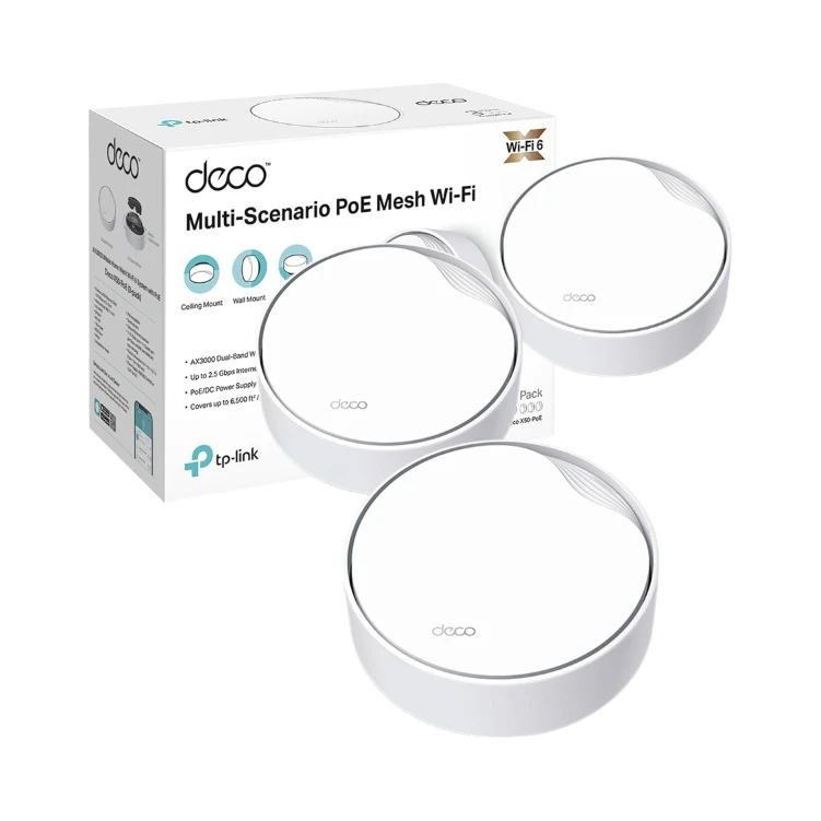 TP-Link Deco X50-PoE AX3000 Whole Home Mesh Wi-Fi 6 System with PoE, Dual-Band, AI-Driven Mesh, cover up to 6,500 ft2, Connect up to 150 devices, 1.0 GHz Dual-Core CPU, HomeShield, Pack of 3