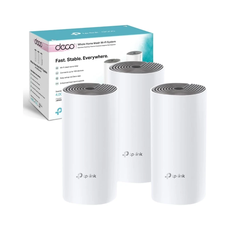 TP-Link Deco E4 Whole Home Mesh Wi-Fi System, Seamless and Speedy (AC1200), 2×100Mbps Ethernet Ports, Work with Amazon Echo/Alexa, Router and WiFi Booster Replacement, Parent Control, Pack of 3