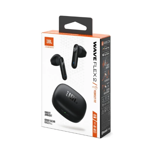 JBL Wave Flex 2 True Wireless Earbuds, Deep Base Sound, 4 mics for crisp clear calls, 40H Battery, Smart Ambient + Talkthru, Hands-Free Call, VoiceAware, Water and Dust Resistant - Black