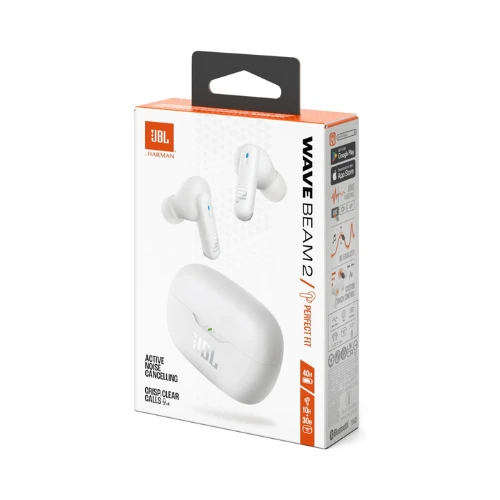 JBL Wave Beam 2 Adaptive Noise Cancelling with Smart Ambient True Wireless Earbuds, Deep Bass, Comfort Fit, 40H Battery, Hands-Free + VoiceAware, Water and Dust Resistant - JBLWBEAM2WHT, White