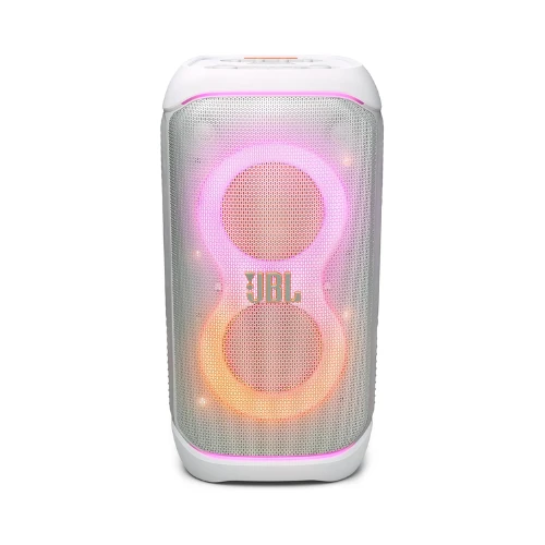 JBL PartyBox Stage 320 Portable Bluetooth Speaker, 240W, 5.4 Bluetooth, 18 Hours Max Playing Time, Splash Proof, Dual Mic & Guitar Inputs, Multi Speaker Connection, With Wheels, White