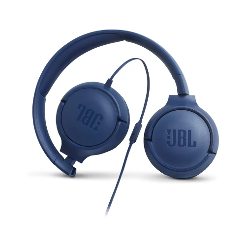JBL Tune 500 Wired On-Ear Headphones, Pure Bass Sound, 1-Button Remote/Mic, Lightweight, Foldable Design, Tangle-Free Flat Cable, Voice Assistant - Blue, JBLT500BLU