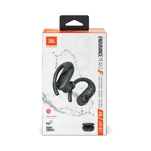JBL Endurance Peak 3 Dust and Water Proof True Wireless Active Earbuds, JBL Pure Bass Sound, 50H Battery Hours, 4-Mic Technology, Powerhook Design - Black, JBLENDURPEAK3BLK, Standard
