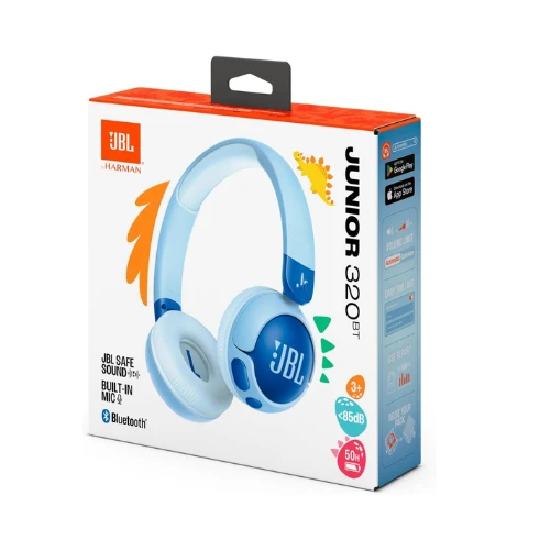 JBL Junior 320 BT, Wireless On-Ear Bluetooth Headphones for Kids with Built-In Mic, 50 Hours Playback, JBL Safe Sound, Low Volume, Easy Controls and Sticker Set, Blue
