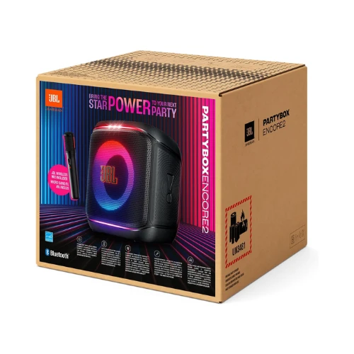 JBL Partybox Encore 2, Wireless Bluetooth Party Speaker with Wireless Mic, 15 Hours of Playtime, IPX4 Splashproof, Pro Sound with AI Sound Boost and Auracast Multi-Speaker Connection, Black